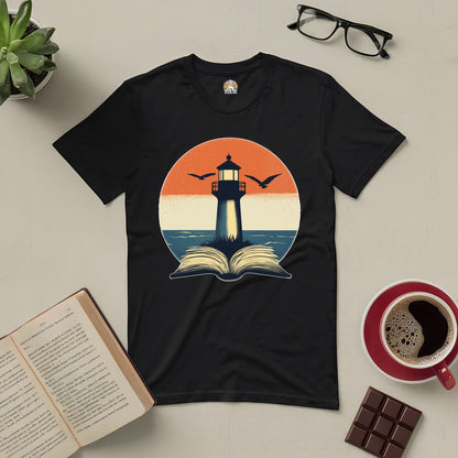 "The Guide I Need Tee featuring a lighthouse and open book design, symbolizing exploration and wisdom in reading."