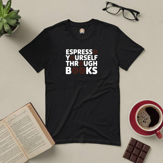 Black t-shirt with "Espresso Yourself Through Books" text, surrounded by coffee, books, glasses, chocolate, and a plant.