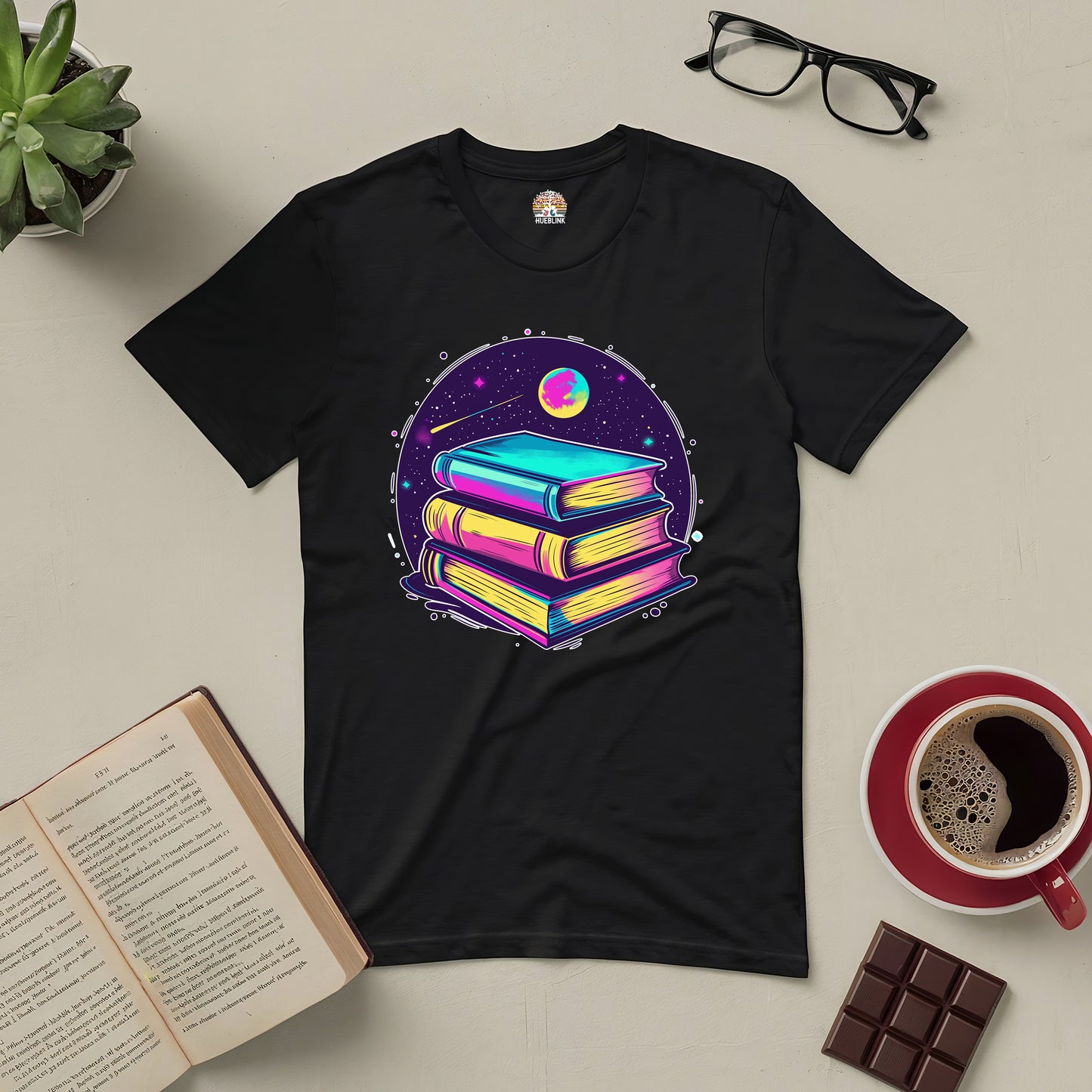 "Portal to Infinite Universes Tee showcasing a colorful book design on a black shirt, celebrating books as gateways to endless worlds."