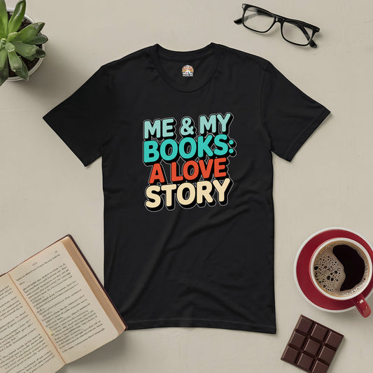 "Me & My Books: A Love Story tee displayed with a book, coffee, and glasses, perfect for book lovers."