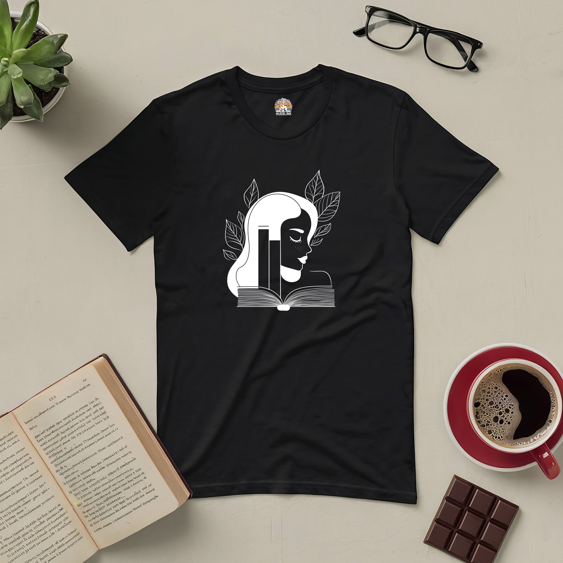 "Beauty in Every Page Tee with elegant design for book lovers, featuring a graceful illustration of a woman's face and books."