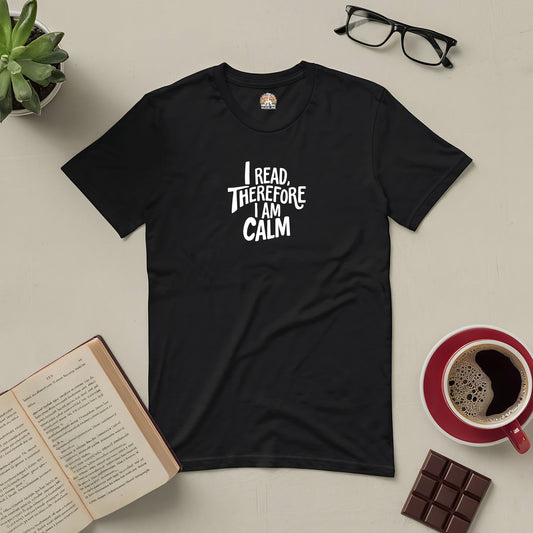 "I Read, Therefore I Am Calm Tee with coffee, book, and chocolate on a cozy table setting for serene readers"