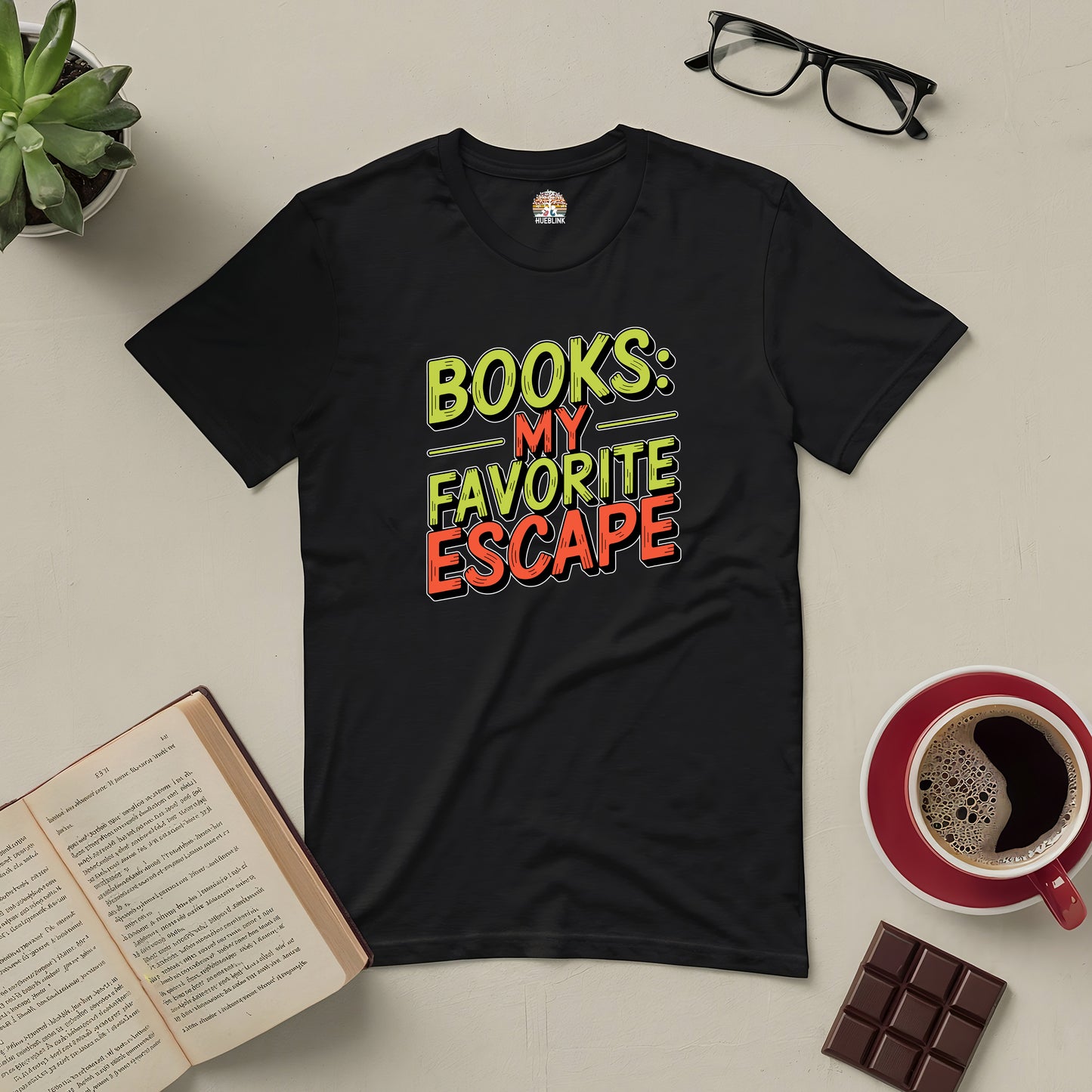 Black tee with "Books: My Favorite Escape" text for book lovers, surrounded by open book, glasses, coffee, and chocolate.