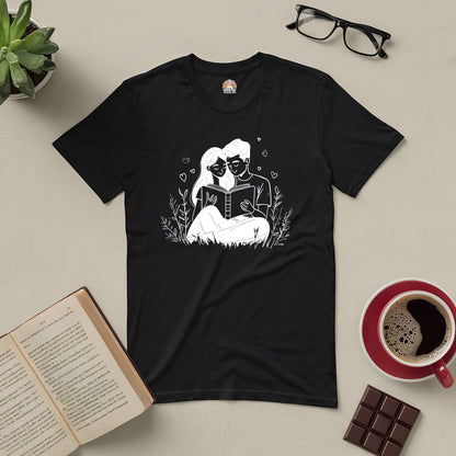 Black "Chapter of Us" tee featuring an illustration of a couple reading together, surrounded by romance-themed items like a book and coffee.