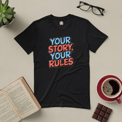 "Your Story, Your Rules tee promoting individuality, surrounded by coffee, glasses, book, and chocolate on a light background."