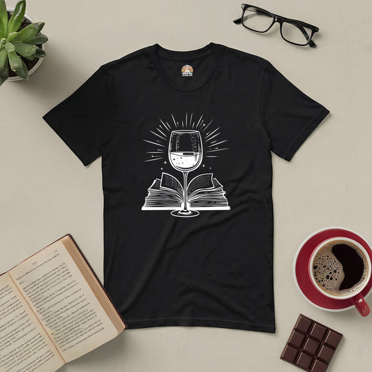 Black Literary Libations Tee with wine glass and book graphic, ideal for book lovers who enjoy wine.