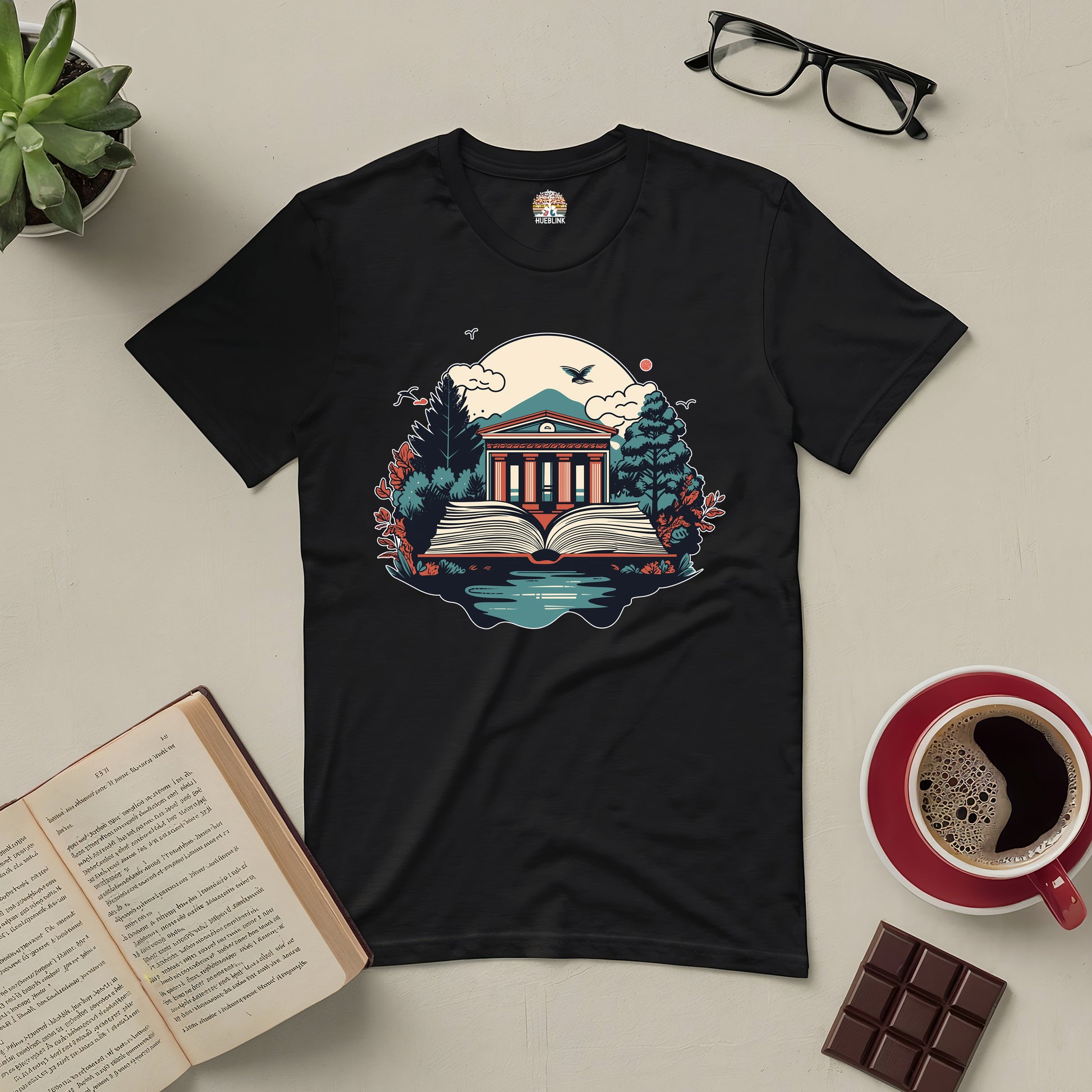 "Gateway to Knowledge Tee featuring a nature and library design, symbolizing wisdom and the endless possibilities books offer."