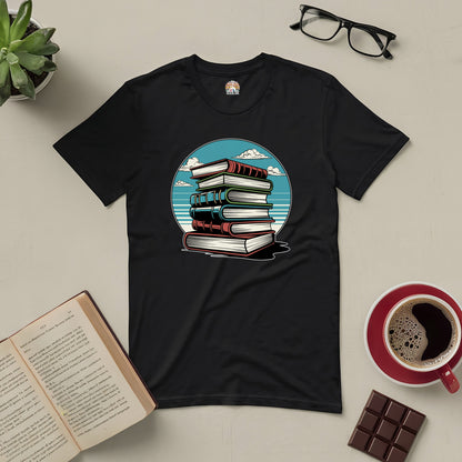 Black Silent Knowledge Tee featuring a serene stack of books against an open sky, ideal for introspective readers.