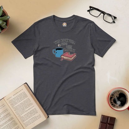 Charcoal t-shirt with "This Bookworm Needs More Caffeine" design, featuring a coffee cup and book, perfect for avid readers and coffee lovers.