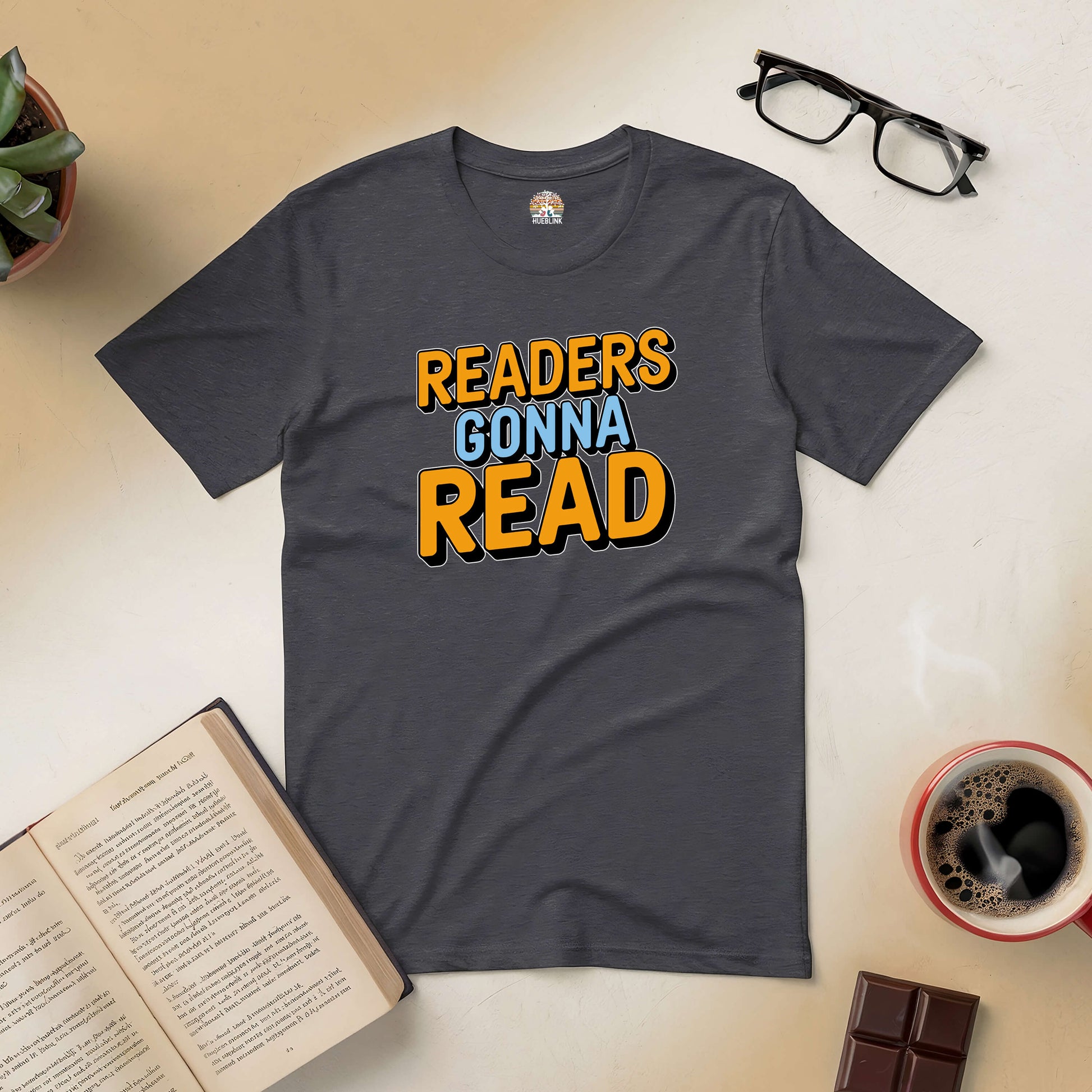 "Readers Gonna Read Tee with books and coffee, perfect for book lovers"