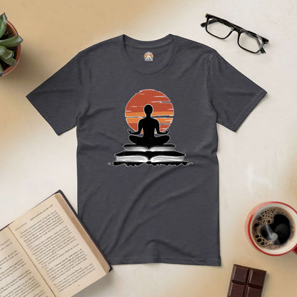 Connection Established Tee featuring a meditative figure on books, surrounded by coffee and a book, symbolizing peace and wisdom.