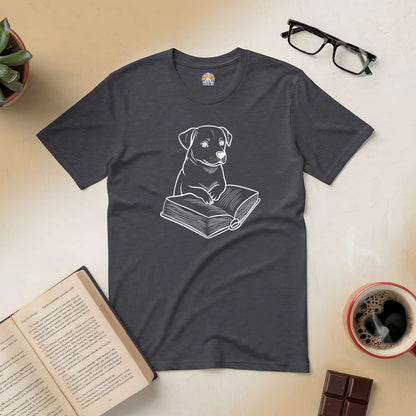 "Pawsitive Read Tee with cute dog illustration reading a book, surrounded by coffee and glasses, perfect for book lovers"