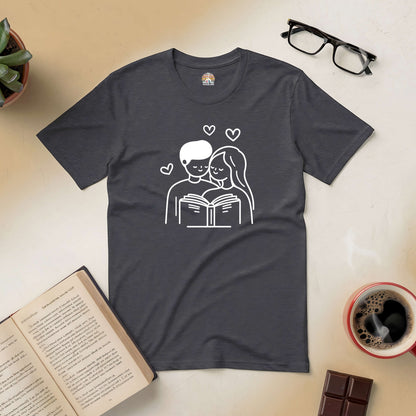 "Love at First Read Tee featuring couple bonding over books, surrounded by coffee, glasses, chocolate, and open book"