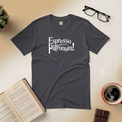 "Espresso Patronum! tee for coffee lovers and wizards, surrounded by coffee, chocolate, and an open book."