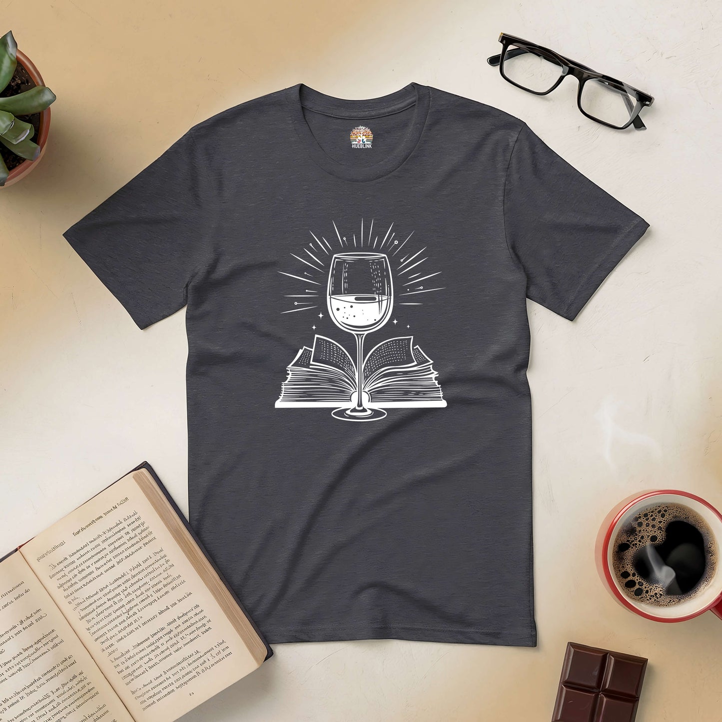 Literary Libations Tee featuring wine glass and book design, ideal for book lovers and wine enthusiasts.