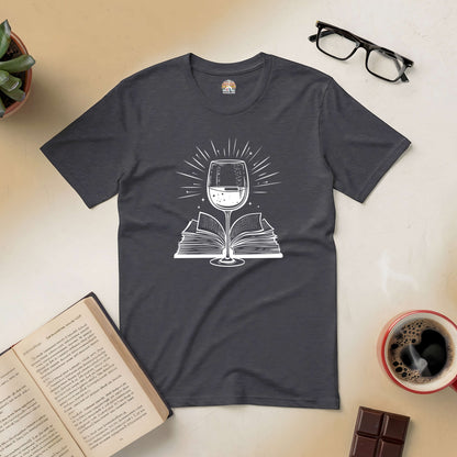 Literary Libations Tee featuring wine glass and book design, ideal for book lovers and wine enthusiasts.