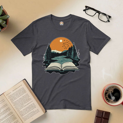 "Absorbed in Nature Tee with open book and forest scene, perfect for nature-loving bookworms"