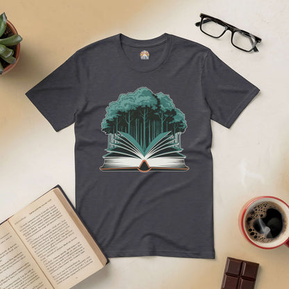 "Rooted in Story Tee with forest and book design, perfect for book lovers seeking solace in tales as deep as forest roots."