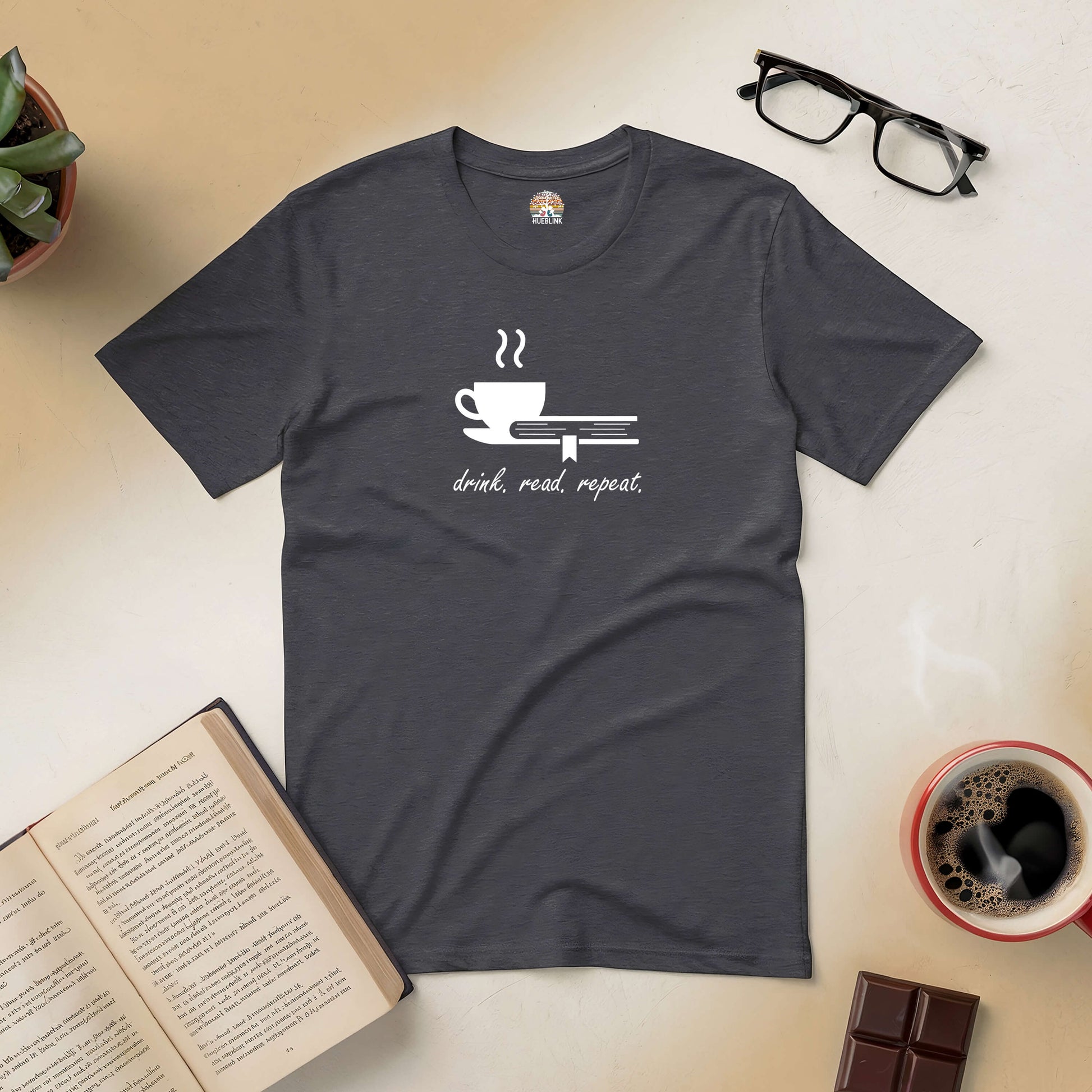 "Drink. Read. Repeat. tee with coffee cup and book design for book lovers"