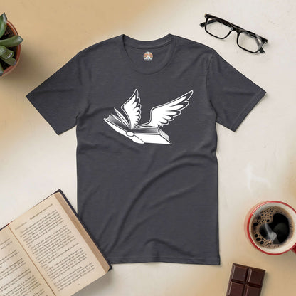 Charcoal tee featuring a winged book design, symbolizing knowledge and exploration, ideal for mythology and book lovers.