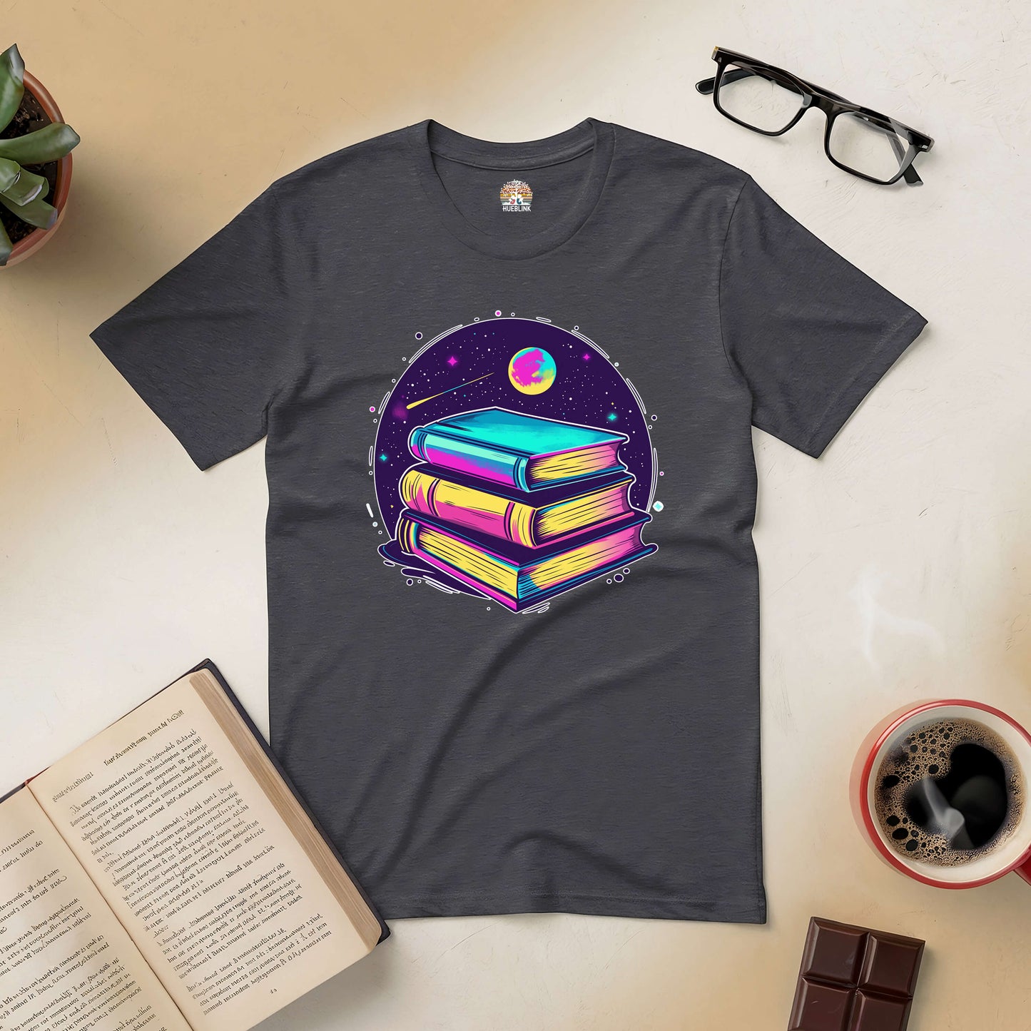 "Portal to Infinite Universes Tee with vibrant book design celebrating imagination and multiverse on a dark background."