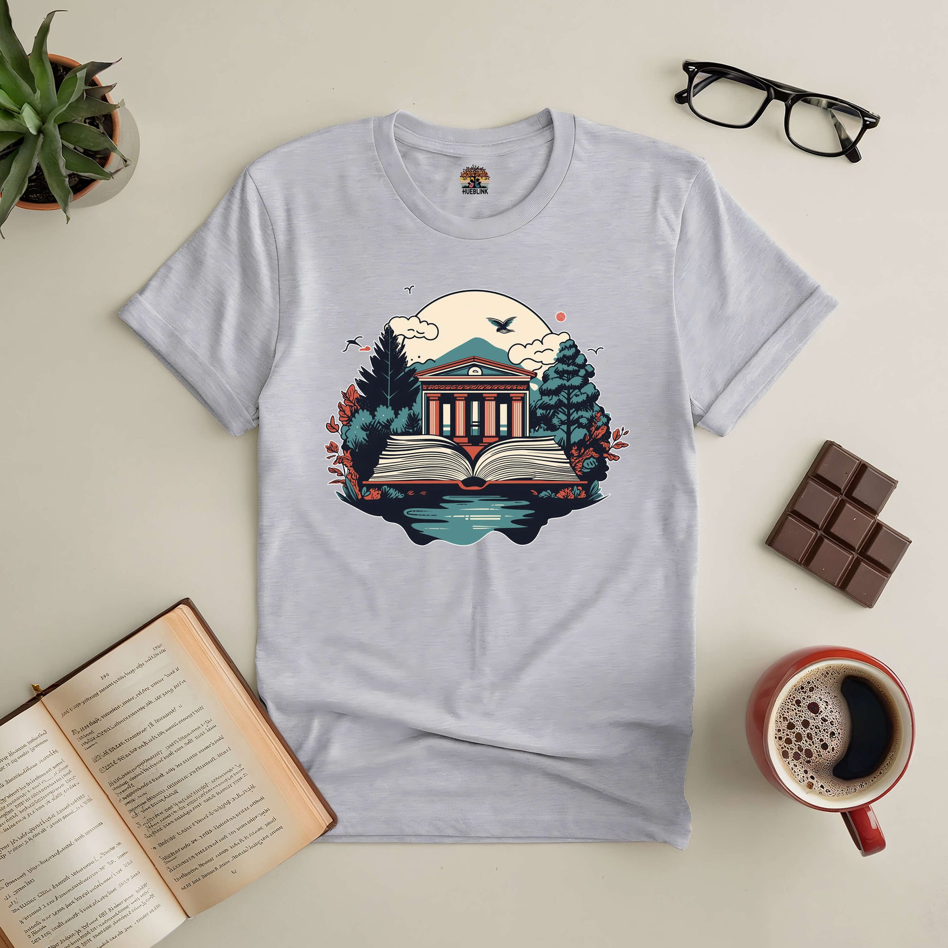 Gateway to Knowledge Tee with nature and library design, symbolizing wisdom and the limitless exploration through books.