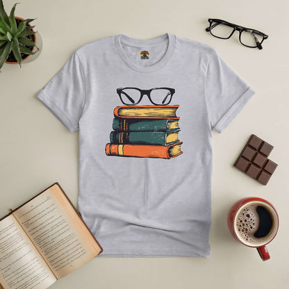 Stylish tee featuring vintage books and glasses, ideal for book lovers and fashion enthusiasts.