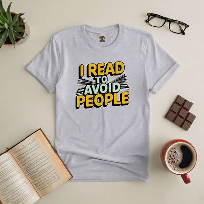 "I Read To Avoid People Tee for book lovers and introverts with open book, coffee, and chocolate"