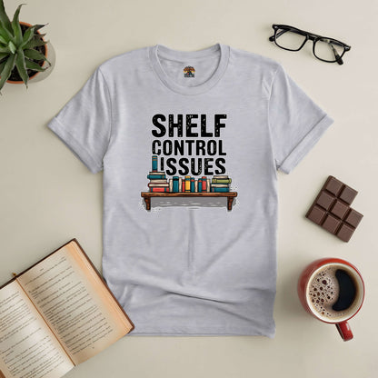 "Shelf Control Issues tee with book graphic, perfect for book lovers who enjoy collecting books."