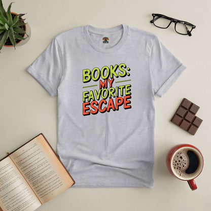 "Books: My Favorite Escape Tee with open book, coffee, and chocolate for book lovers seeking relaxation and fiction escape"