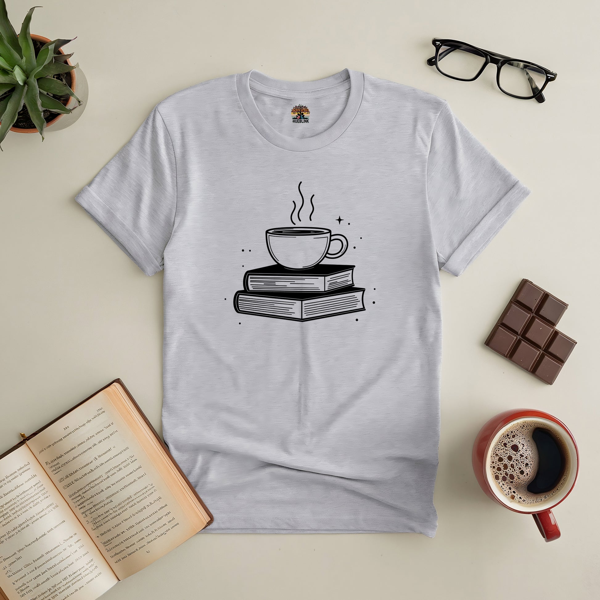 Brewed for Books Tee with coffee and book design, perfect for cozy reading moments with a hot drink and a good book.