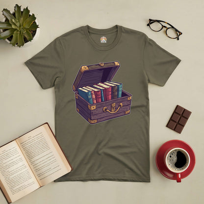 Green tee with treasure chest graphic filled with books, next to an open book, glasses, chocolate, and a red coffee cup.