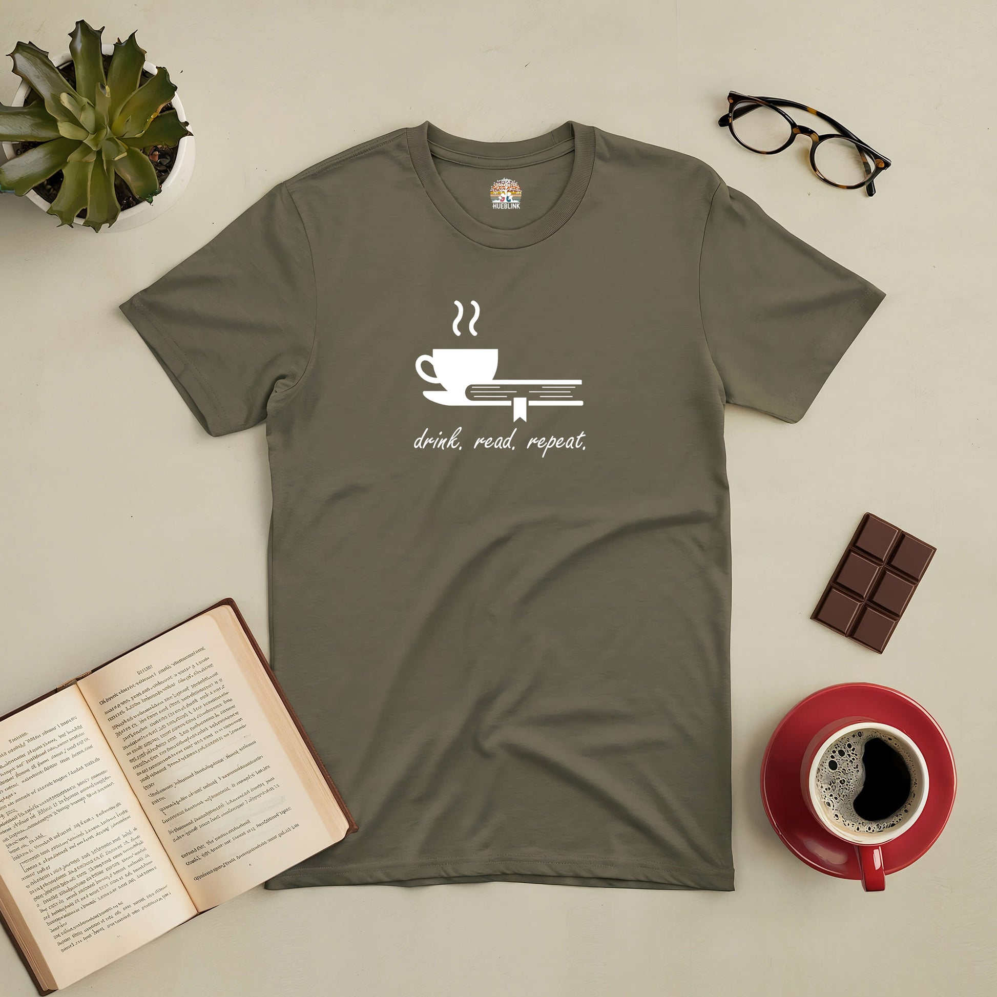 "Drink. Read. Repeat. Tee with minimalist coffee and book design for book lovers"