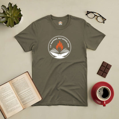 "Lit Happens But Books Heal Tee with book, coffee, chocolate, and glasses on table"