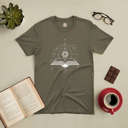 Portal to Knowledge Tee with mystical book design surrounded by coffee, open book, chocolate, glasses, and a plant.