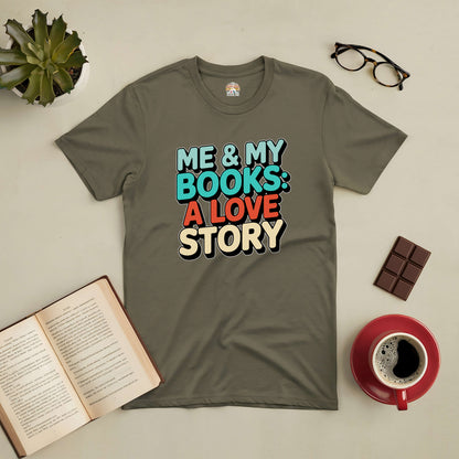 Me & My Books: A Love Story Tee with coffee, chocolate, and an open book, perfect for book lovers.