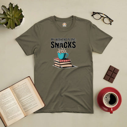 Weekend Vibes tee featuring books and snacks design, perfect for cozy weekends with reading and treats.