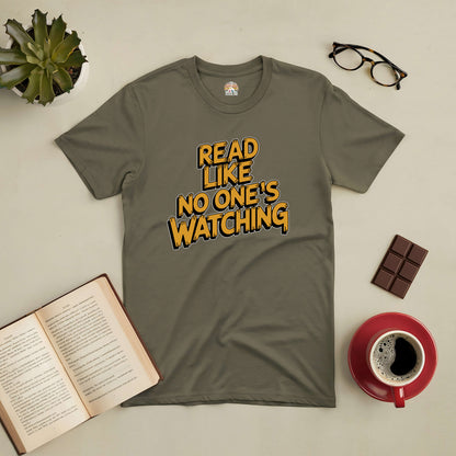 "Read Like No One's Watching Tee with book, coffee, glasses, and chocolate flat lay"