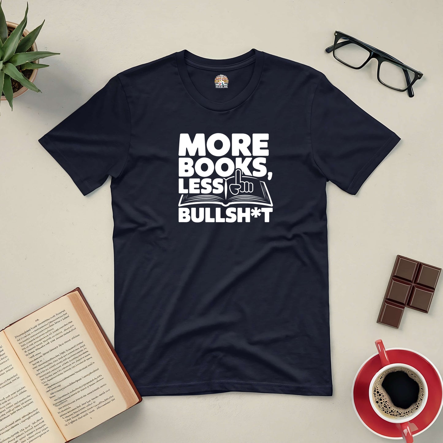 "More Books Less Bullsh*t Tee with book, coffee, and glasses for avid readers"