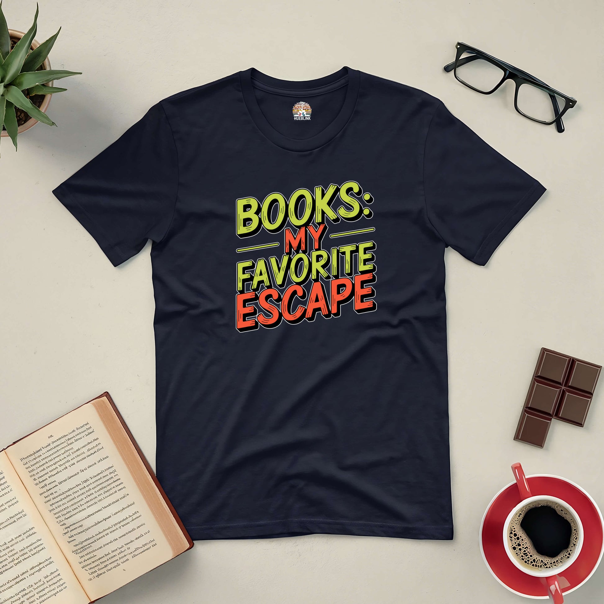 "Books: My Favorite Escape Tee for readers surrounded by open book, coffee, glasses, and chocolate bar"