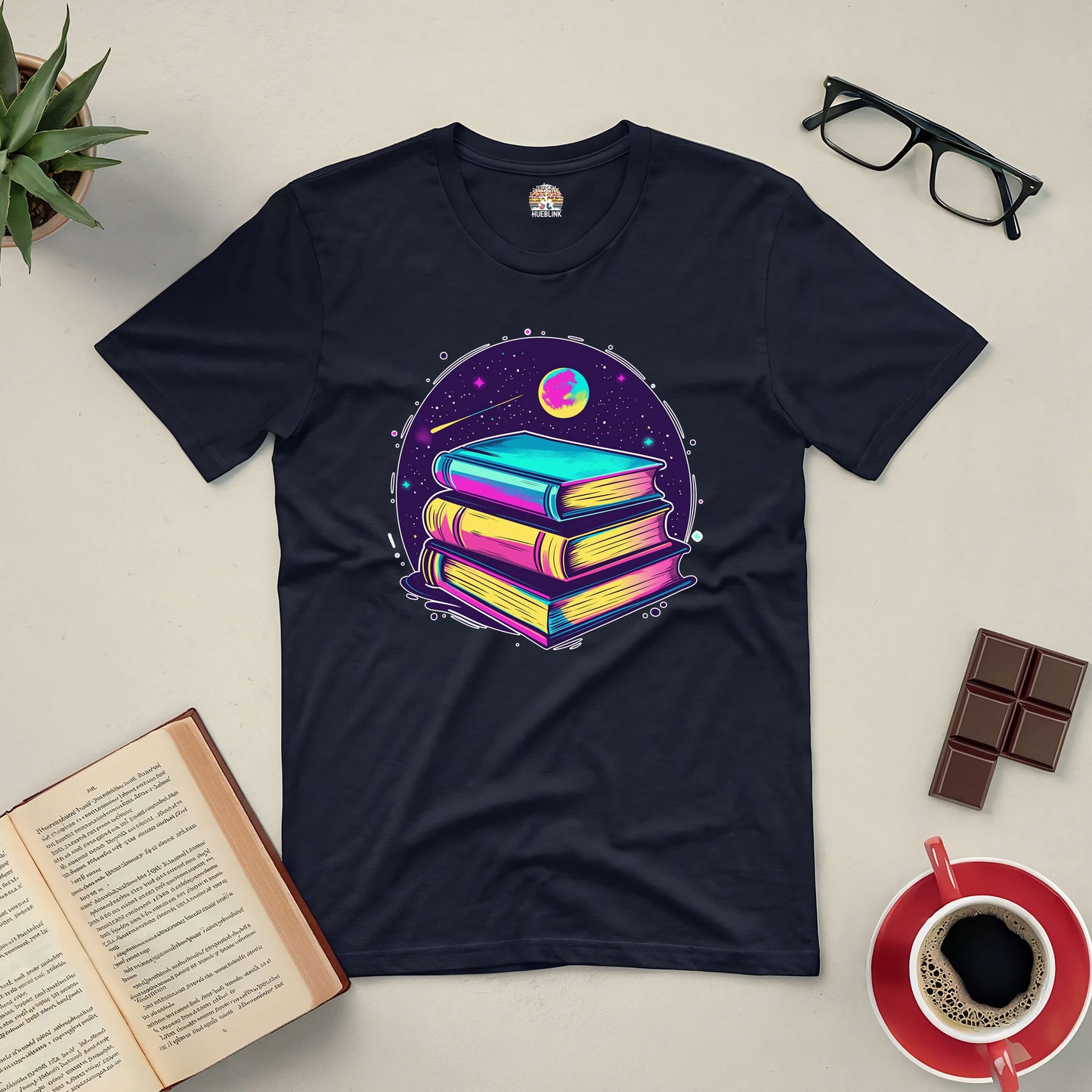 "Portal to Infinite Universes Tee with colorful book design on a dark background, celebrating books as gateways to endless worlds"