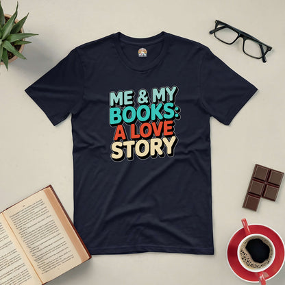 "Me & My Books: A Love Story Tee for book lovers with coffee, glasses, and open book background"