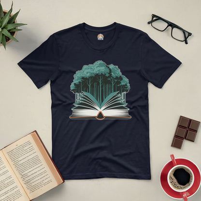 Black tee with open book design sprouting trees, surrounded by glasses, coffee, chocolate, and an open book.