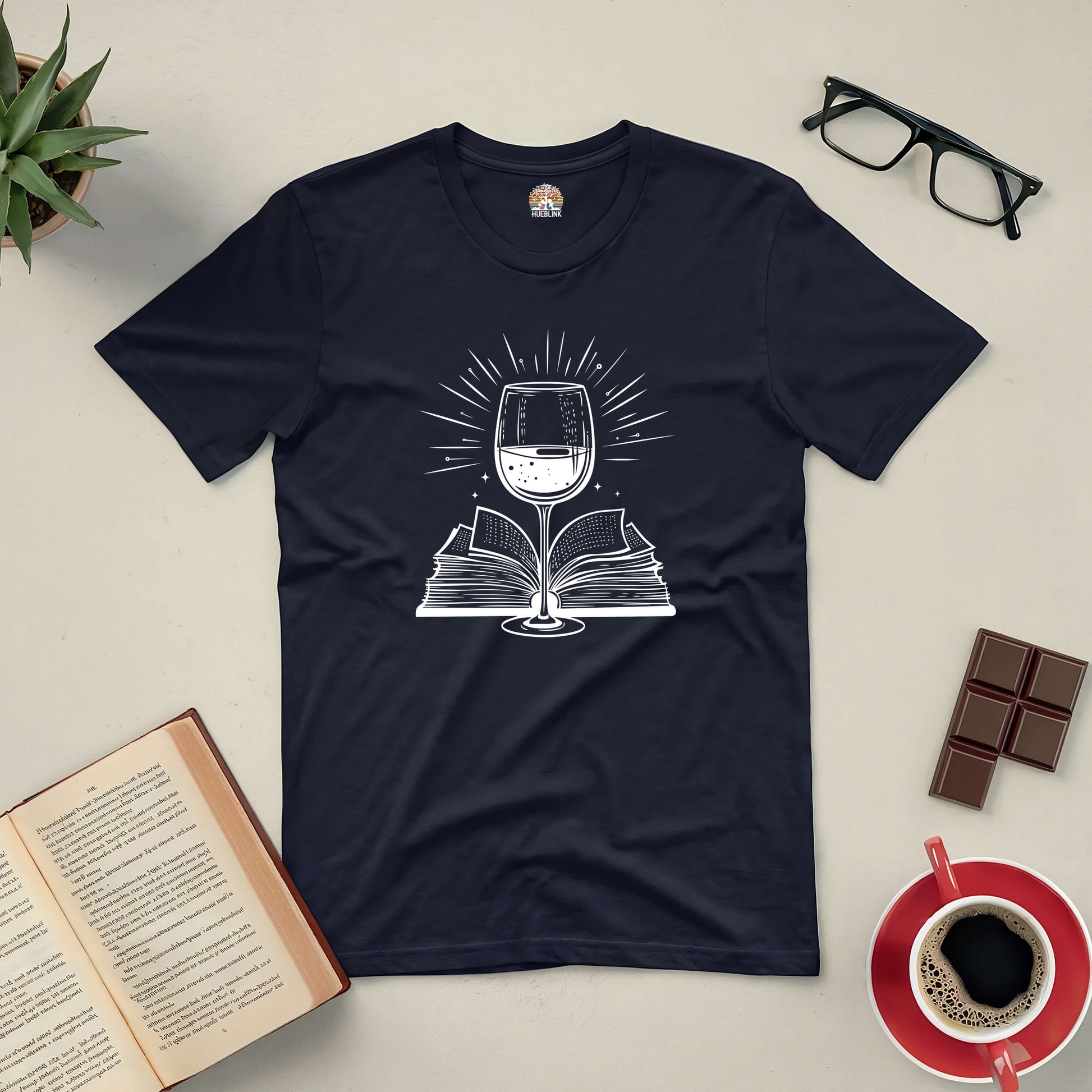 Literary Libations tee featuring wine glass and book design, perfect for book lovers and wine enthusiasts.