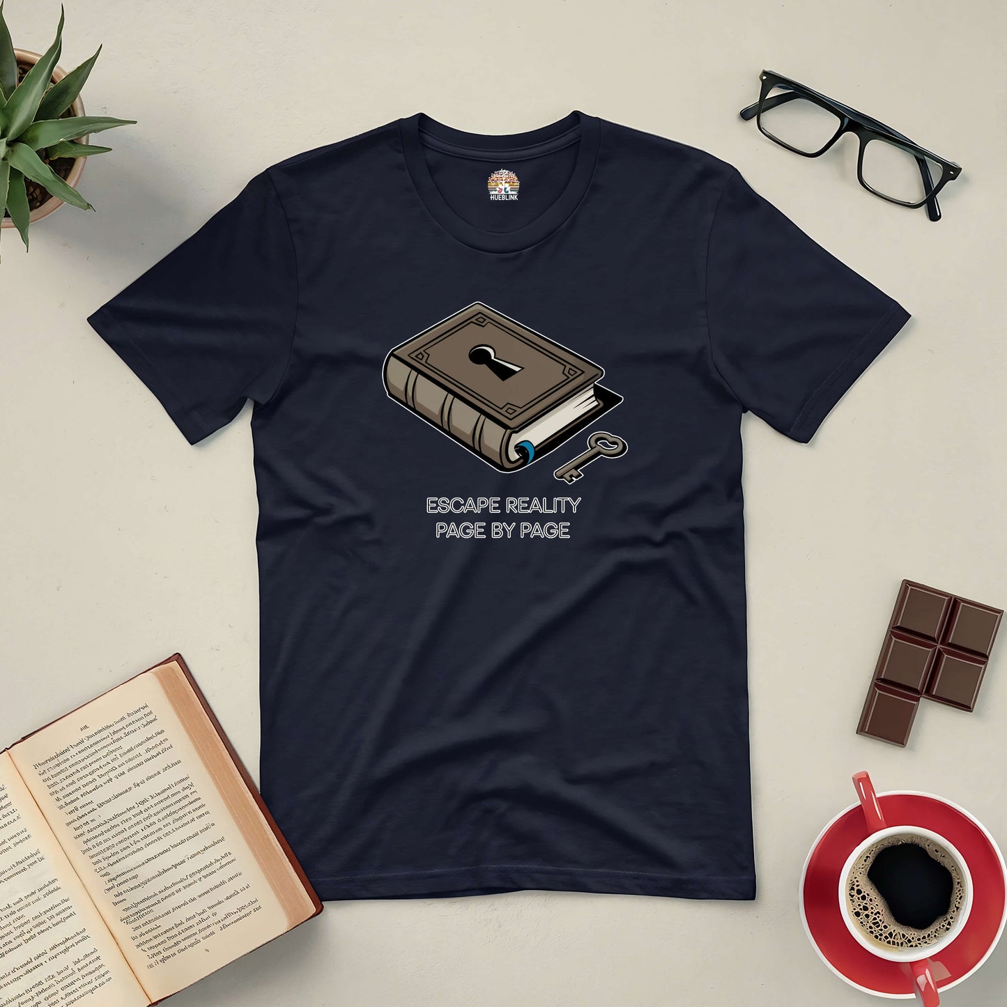 "Escape Reality Page by Page tee with book and key design, perfect for book lovers seeking adventure and freedom"