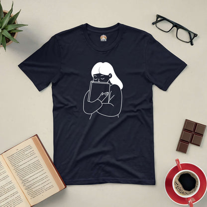 "Me And My Bestie Tee for book lovers featuring minimalist design of a reader hugging a book, surrounded by coffee and chocolate"