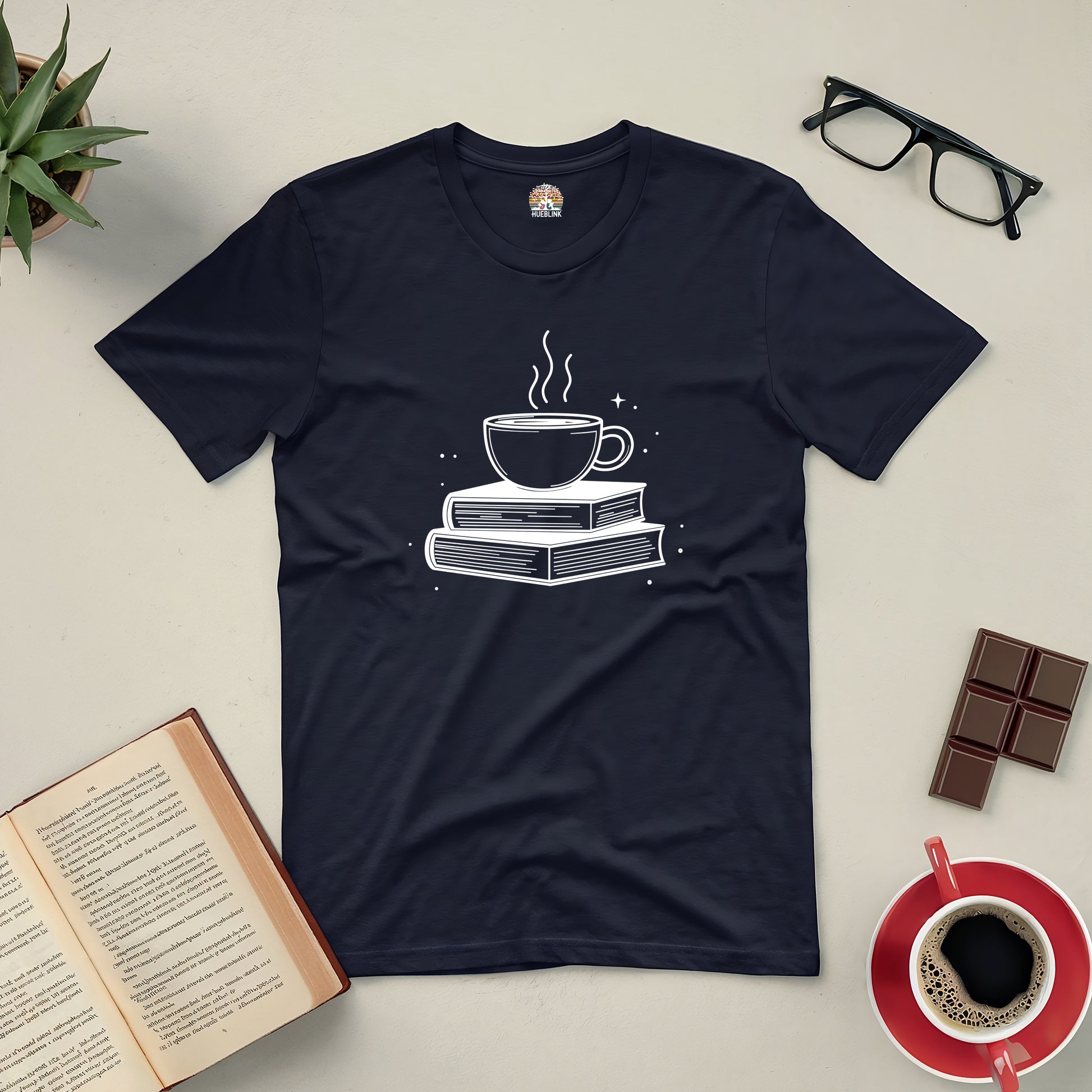 "Brewed for Books Tee with coffee cup and books design, perfect for book lovers and coffee enthusiasts"