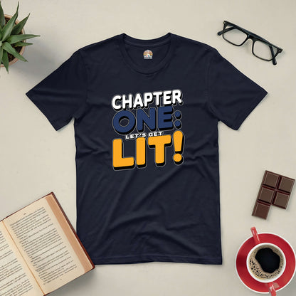 "Chapter One: Let's Get Lit! Tee with Open Book and Coffee on Table for Book Lovers and Party Enthusiasts"