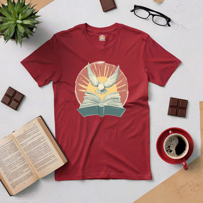 Red Boundless Horizons Tee featuring a dove and open book design, surrounded by coffee, chocolate, and an open book on a table.