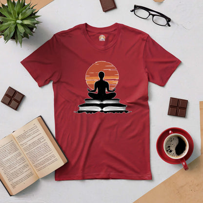 Red Connection Established Tee with meditative figure and book design, surrounded by coffee, chocolate, and reading materials.